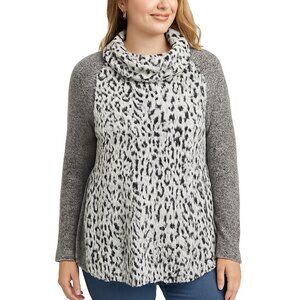One World‎ Animal Print Cowl Neck Tunic Sweater XXL Gray White Leopard Soft Cozy